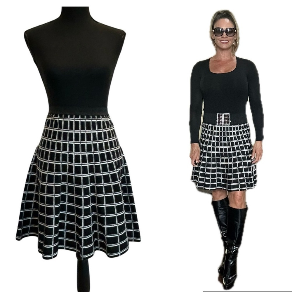 Cynthia Rowley black white windowpane plaid check knit Aline skater circle skirt